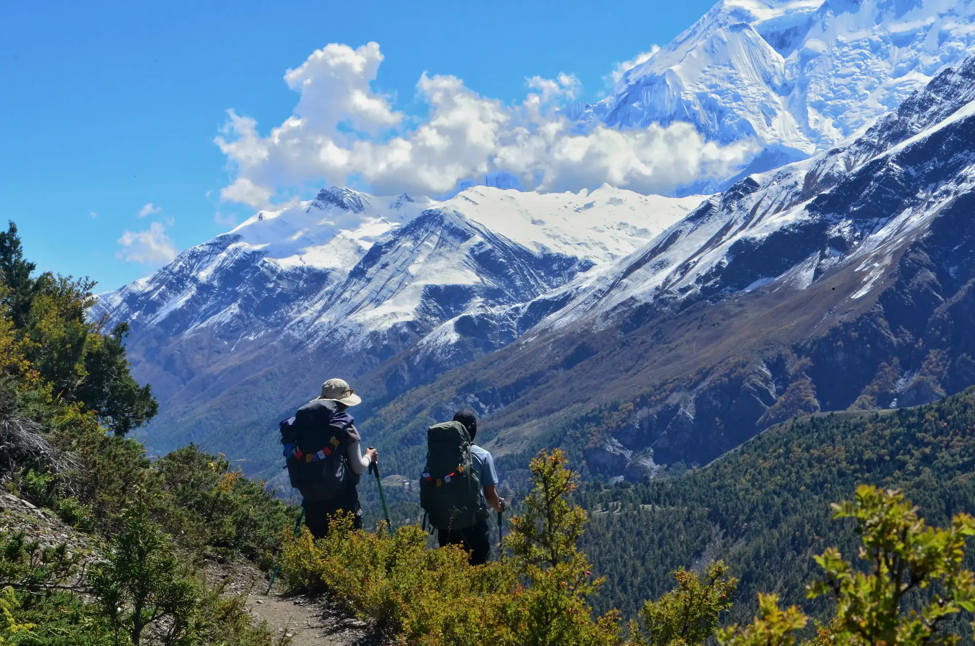 Trekkers walking through the Annapurna region of Nepal surrounded by Himalayan mountains and scenic trails